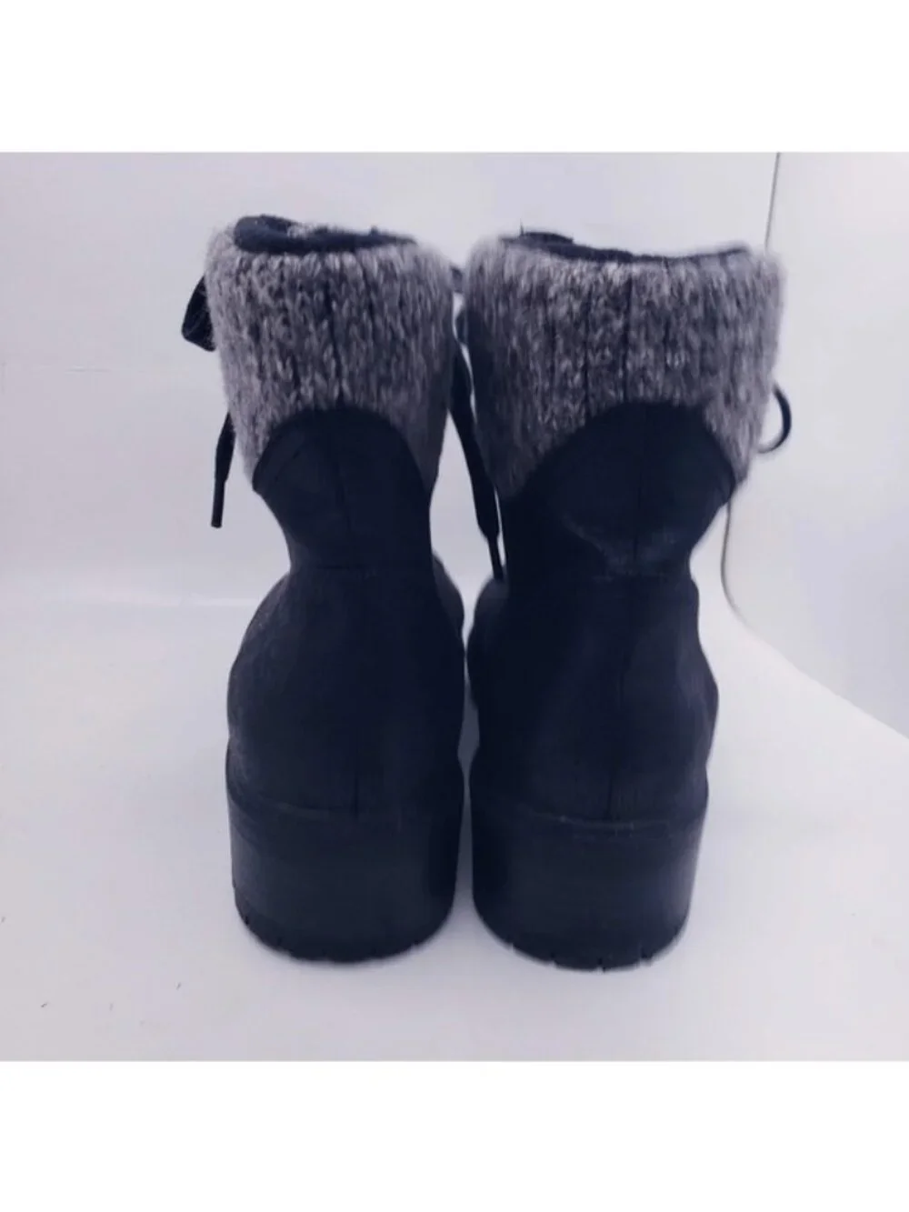 Universal Thread Black Faux Leather Lace Up Boots Knit Sock Trim Womens Size 9.5